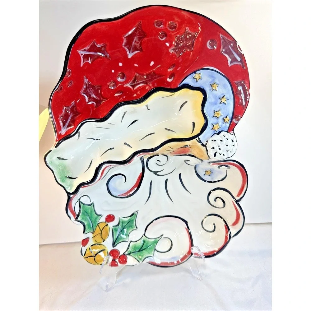 Vtg Clay Art Ceramic Merry Santa Divided 3-Section Chip & Dip Christmas Patter